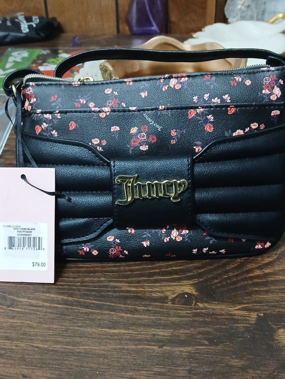 Juicy Couture Black Floral Quilted Bow Crossbody Bag